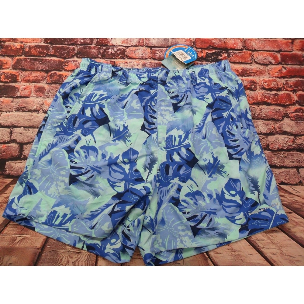 Columbia Men's UPF 50 Swim Trunks M 100% Nylon‎ Blue Leaf Print Mesh Lining